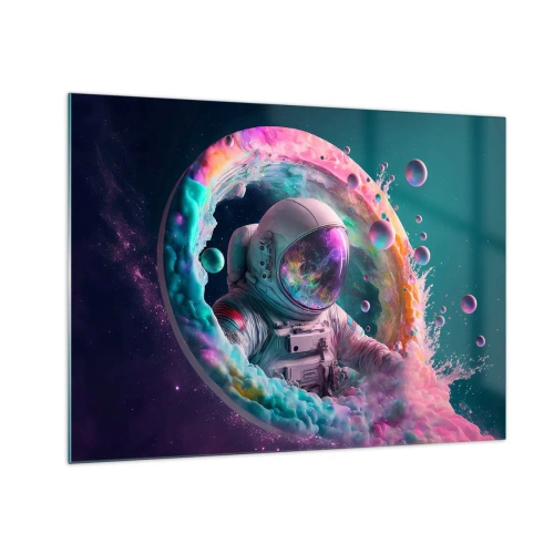 Obraz na skle - Astronaut v farebnom vesmíre - 70x50cm - Hviezdna brána - Moderná nástenná dekorácia do obývacej izby a spálne ARTTOR