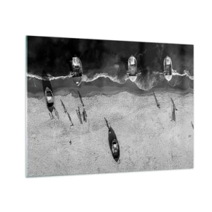 Obraz na skle - Čiernobiele lode a ich tiene na piesočnatej pláži zhora - 70x50cm - Ešte na brehu… - Moderná nástenná dekorácia do obývacej izby a spálne ARTTOR