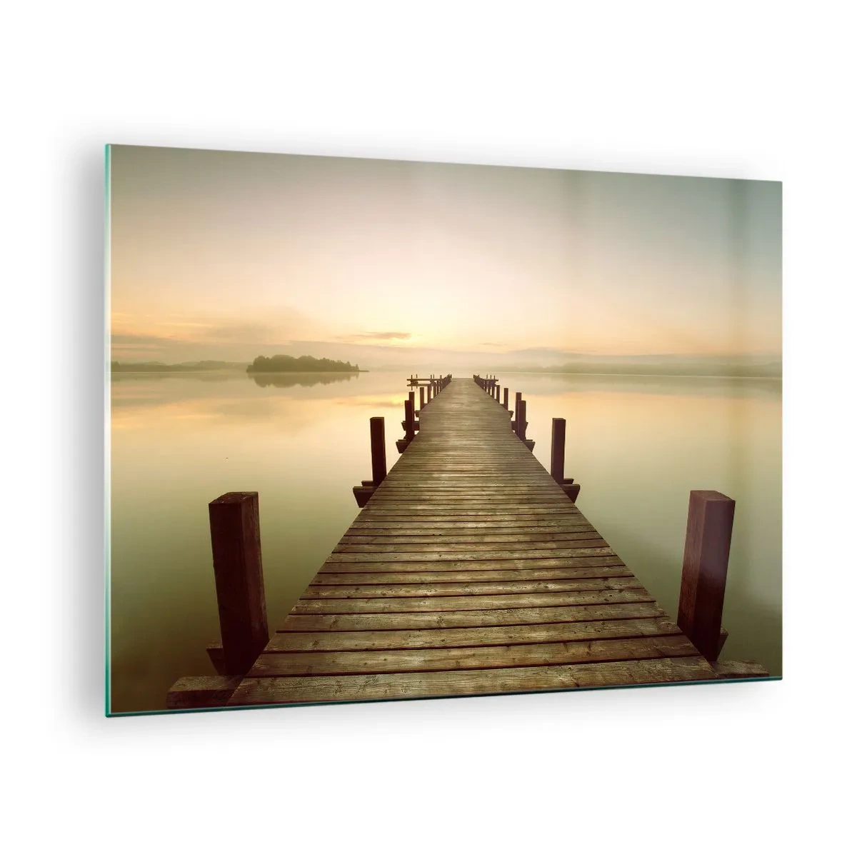 Obraz na skle - Drevené mólo na pokojnom jazere za úsvitu - 70x50cm - Úsvit, svitanie, svetlo - Moderná nástenná dekorácia do obývacej izby a spálne ARTTOR