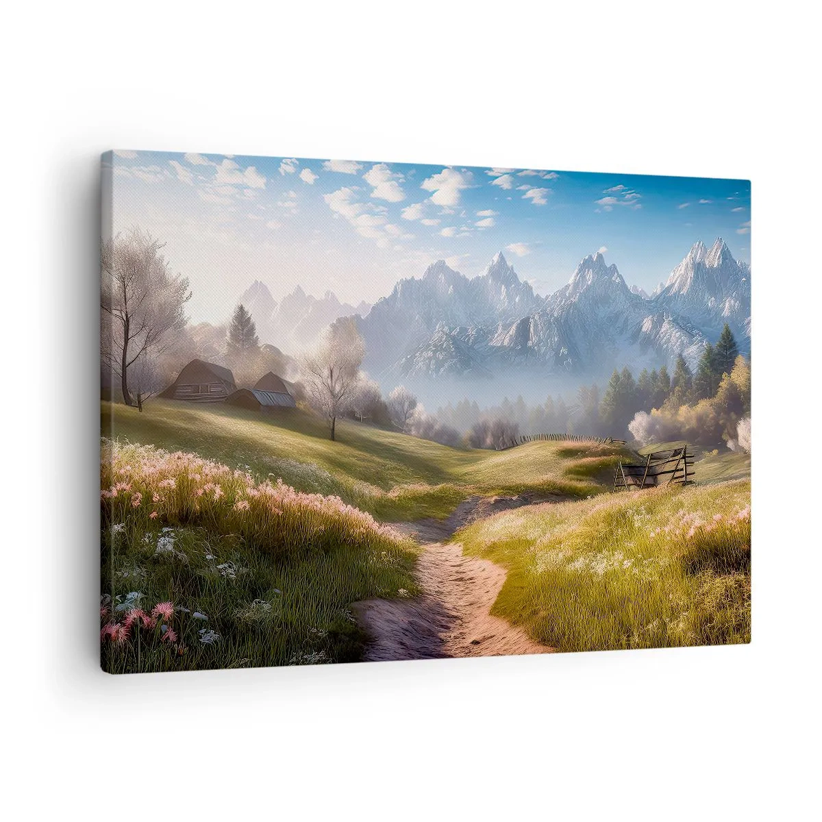 Obraz na plátne - Horské údolie s lúkami, chatkami a výhľadom na vrcholky - 70x50cm - Idylické údolie - Moderná nástenná dekorácia do obývacej izby a spálne ARTTOR