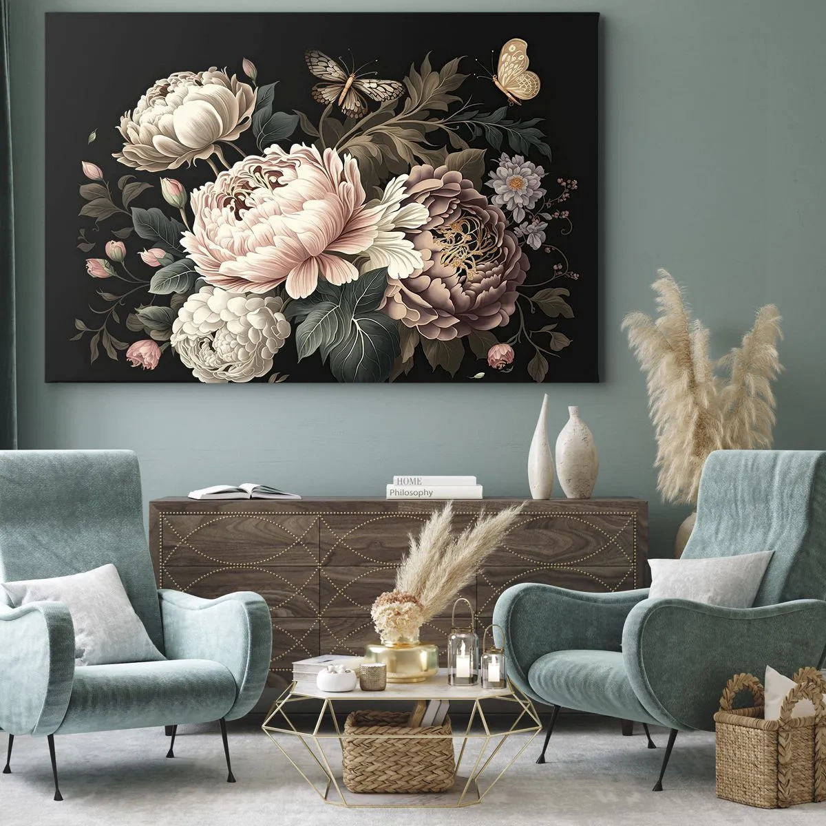 Obraz na plátne - Kytica ružových kvetov a motýľov na čiernom pozadí - 70x50cm - V barokovom štýle - Moderná nástenná dekorácia do obývacej izby a spálne ARTTOR