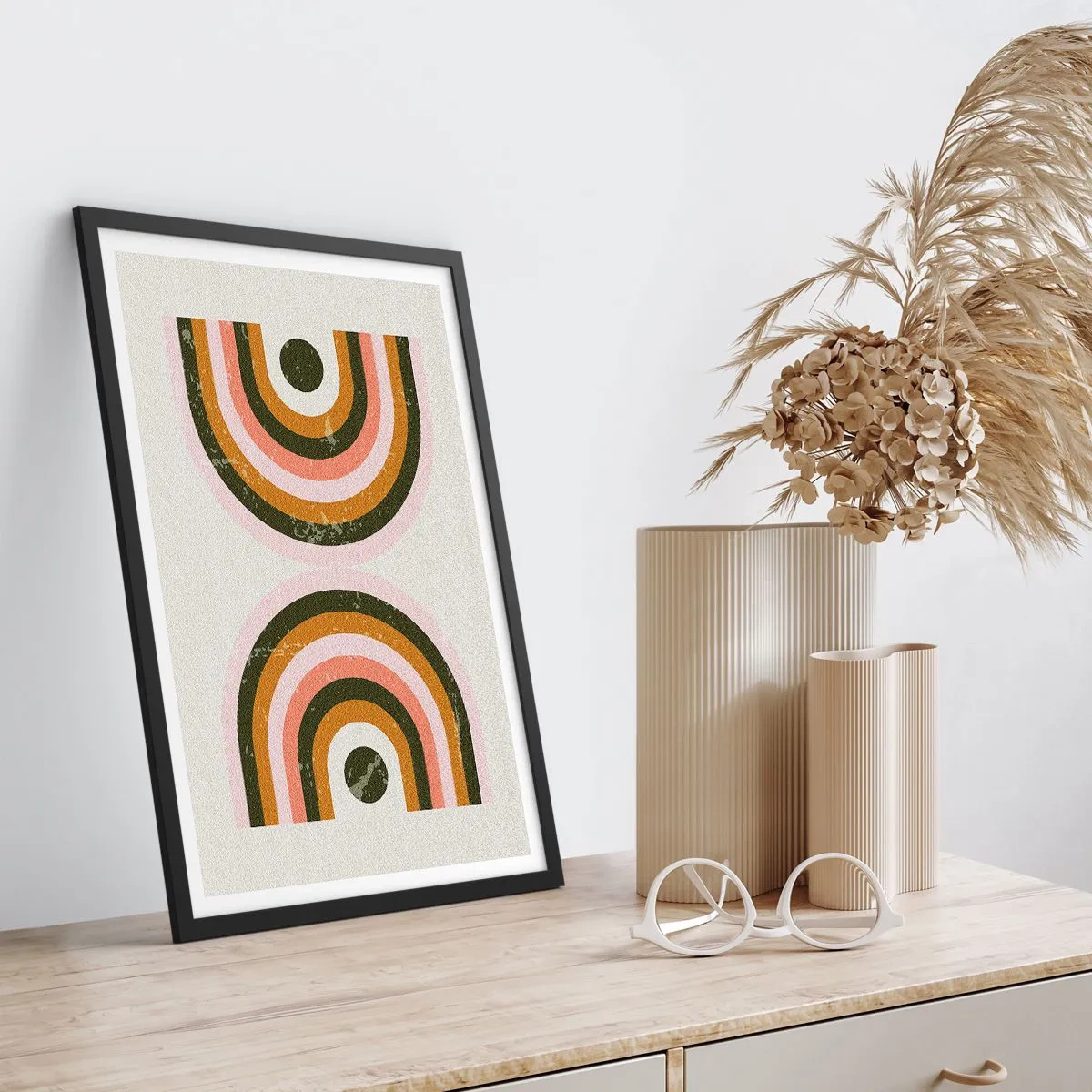 Plagát v čiernom ráme - Geometrická kompozícia v retro štýle - 50x70cm - Dvojitá abstrakcia - Moderná nástenná dekorácia do obývacej izby a spálne ARTTOR