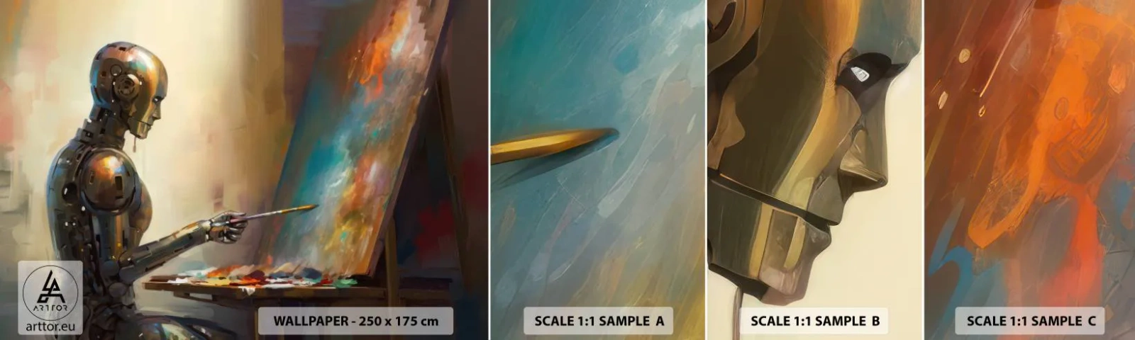 Vzorka samolepiacej fototapety Deluxe Sticker - Umenie budúcnosti - Maľovanie, Robot, Kefa - 100x30 cm