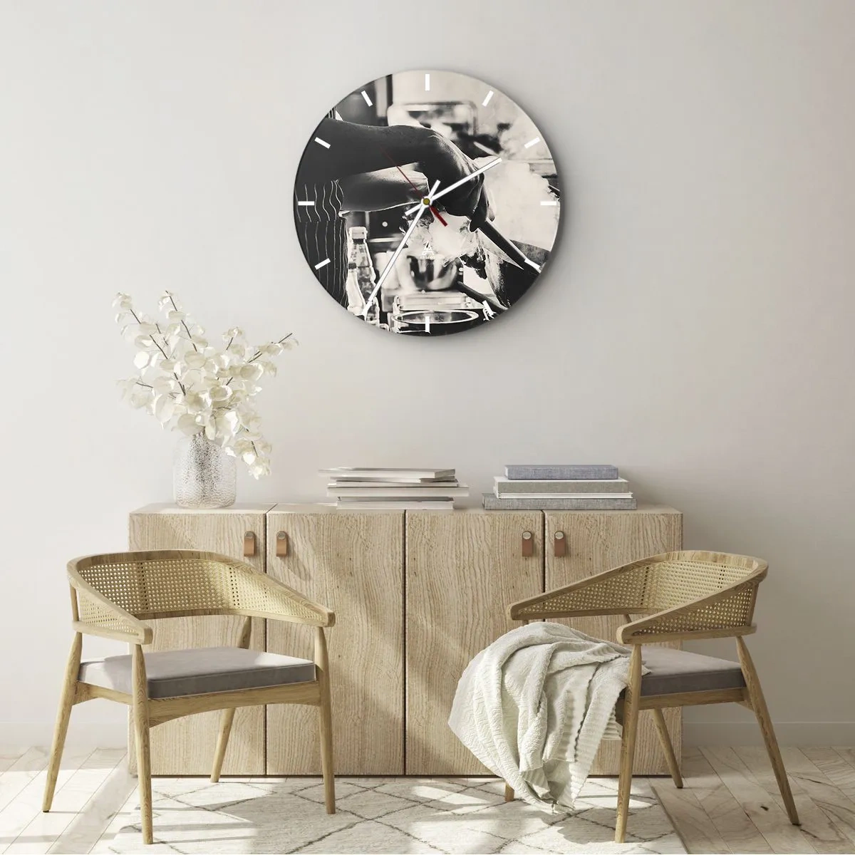 Nástenné hodiny - Šéfkuchár pri práci v kuchyni obklopený parou - 30x30cm - Alchýmia chutí - Moderná nástenná dekorácia do obývacej izby, kuchyne a spálne ARTTOR