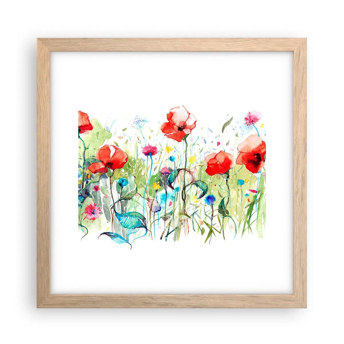 Plagát v ráme zo svetlého duba - Kvitnúca lúka v máji - 30x30 cm