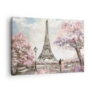 Obraz na plátne - Eiffelova veža obklopená kvitnúcimi stromami - 70x50cm - Aprílová prechádzka Parížom - Moderná nástenná dekorácia do obývacej izby a spálne ARTTOR