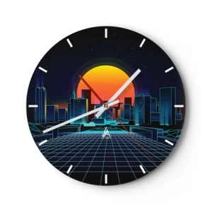 Nástenné hodiny - Retro-futuristická panoráma mesta s neónovými svetlami a západom slnka - 30x30cm - Stále chcete do reálu? - Moderná nástenná dekorácia do obývacej izby, kuchyne a spálne ARTTOR