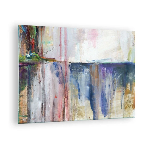 Obraz na skle - Farebná abstrakcia s dynamickými pruhmi a textúrami farby. - 70x50cm - Farebné dojmy a asociácie - Moderná nástenná dekorácia do obývacej izby a spálne ARTTOR