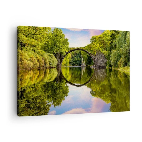 Obraz na plátne - Kamenný most cez rieku s dokonalým odrazom vo vode - 70x50cm - Na rozhraní dvoch svetov - Moderná nástenná dekorácia do obývacej izby a spálne ARTTOR