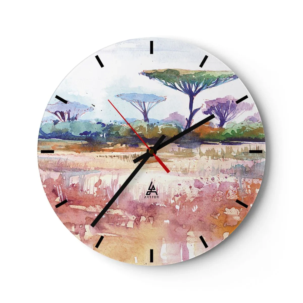Nástenné hodiny - Akvarelová savanna krajina s charakteristickými stromami - 30x30cm - Farby savany - Moderná nástenná dekorácia do obývacej izby, kuchyne a spálne ARTTOR