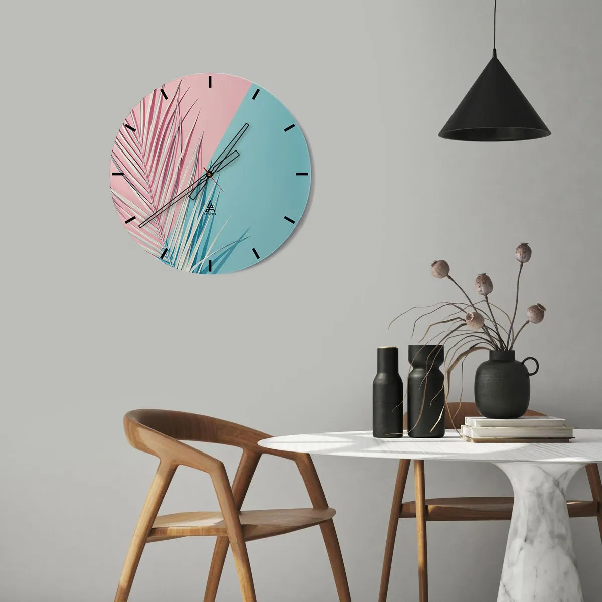 Nástenné hodiny - Palmové listy na pastelovom ružovom a modrom pozadí - 30x30cm - Tropický dojem - Moderná nástenná dekorácia do obývacej izby, kuchyne a spálne ARTTOR