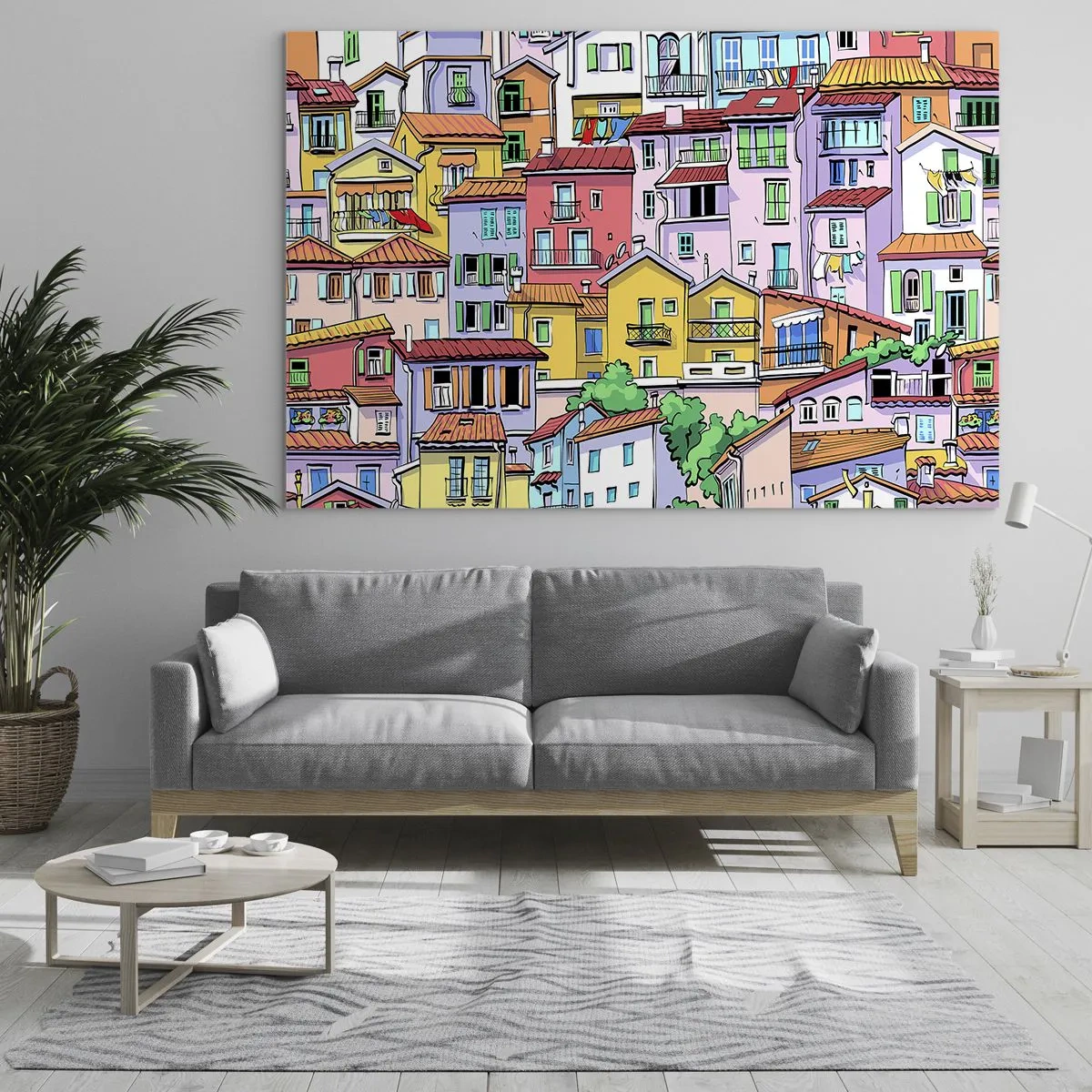 Obraz na skle - Farebné činžiakové domy v kreslenom štýle, plné detailov - 70x50cm - Veselé mesto - Moderná nástenná dekorácia do obývacej izby a spálne ARTTOR