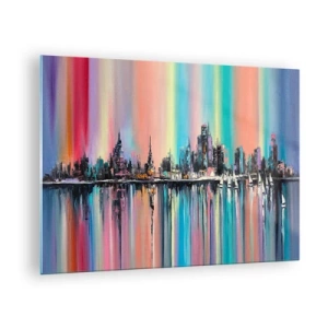 Obraz na skle - Abstraktná panoráma mesta s viacfarebným pozadím - 70x50cm - Nočný prúd svetla - Moderná nástenná dekorácia do obývacej izby a spálne ARTTOR