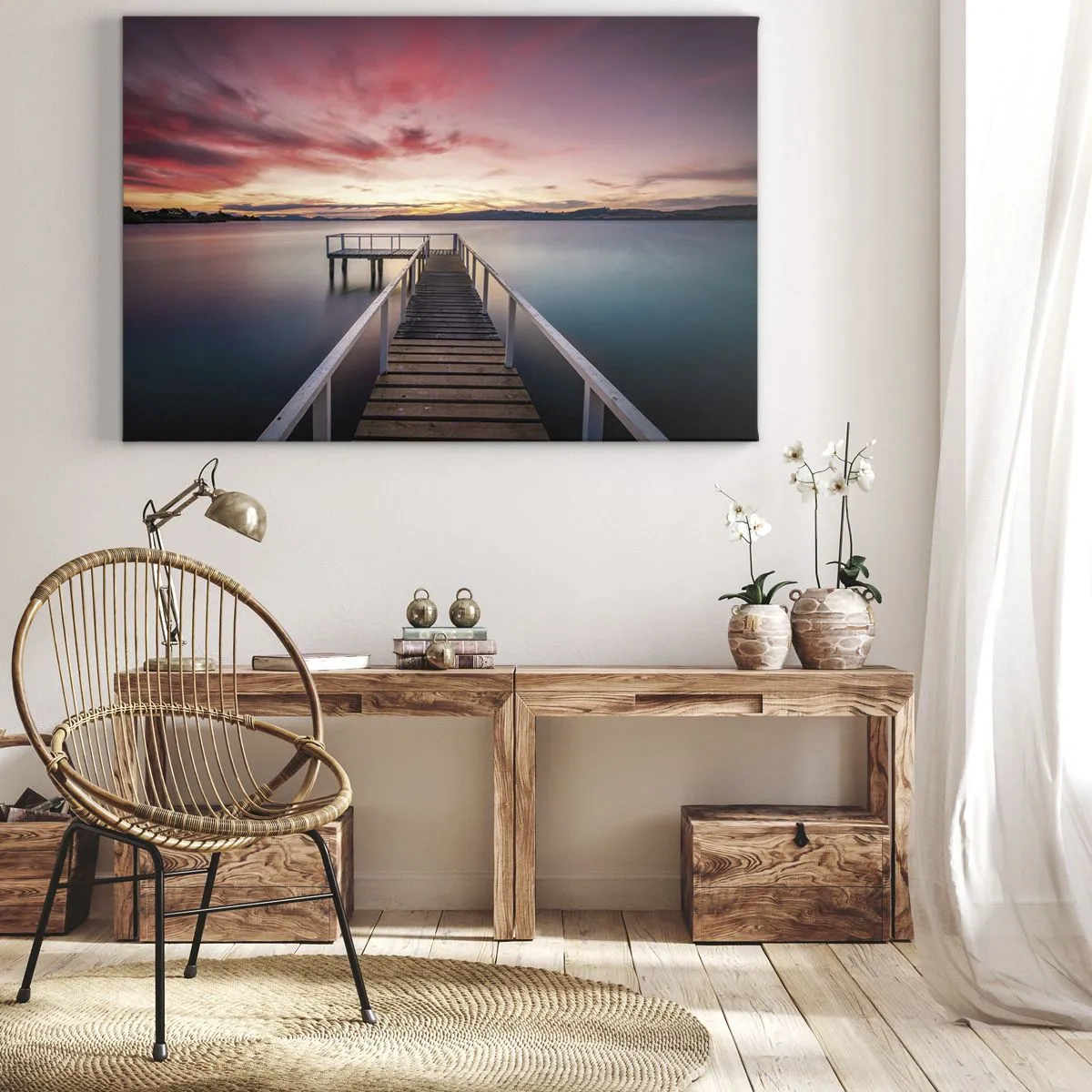 Obraz na plátne - Mólo vedúce k pokojnému jazeru pri západe slnka - 70x50cm - Jemný plameň večera - Moderná nástenná dekorácia do obývacej izby a spálne ARTTOR