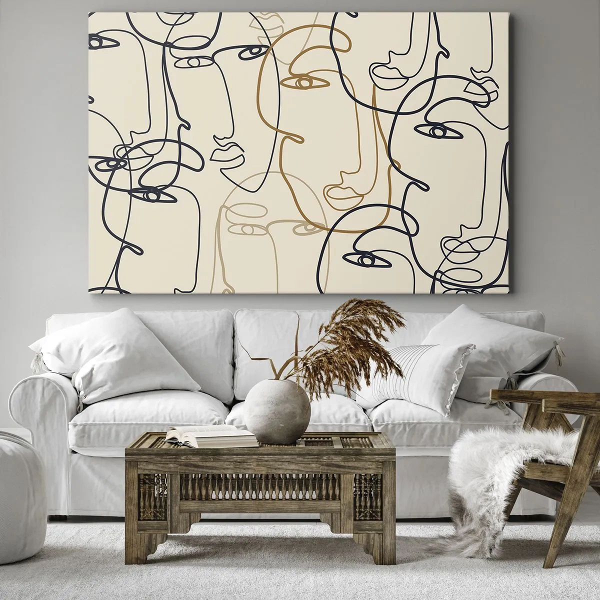 Obraz na plátne - Minimalistické linkové umenie tvárí na svetlom pozadí - 70x50cm - Portrét znásobený - Moderná nástenná dekorácia do obývacej izby a spálne ARTTOR