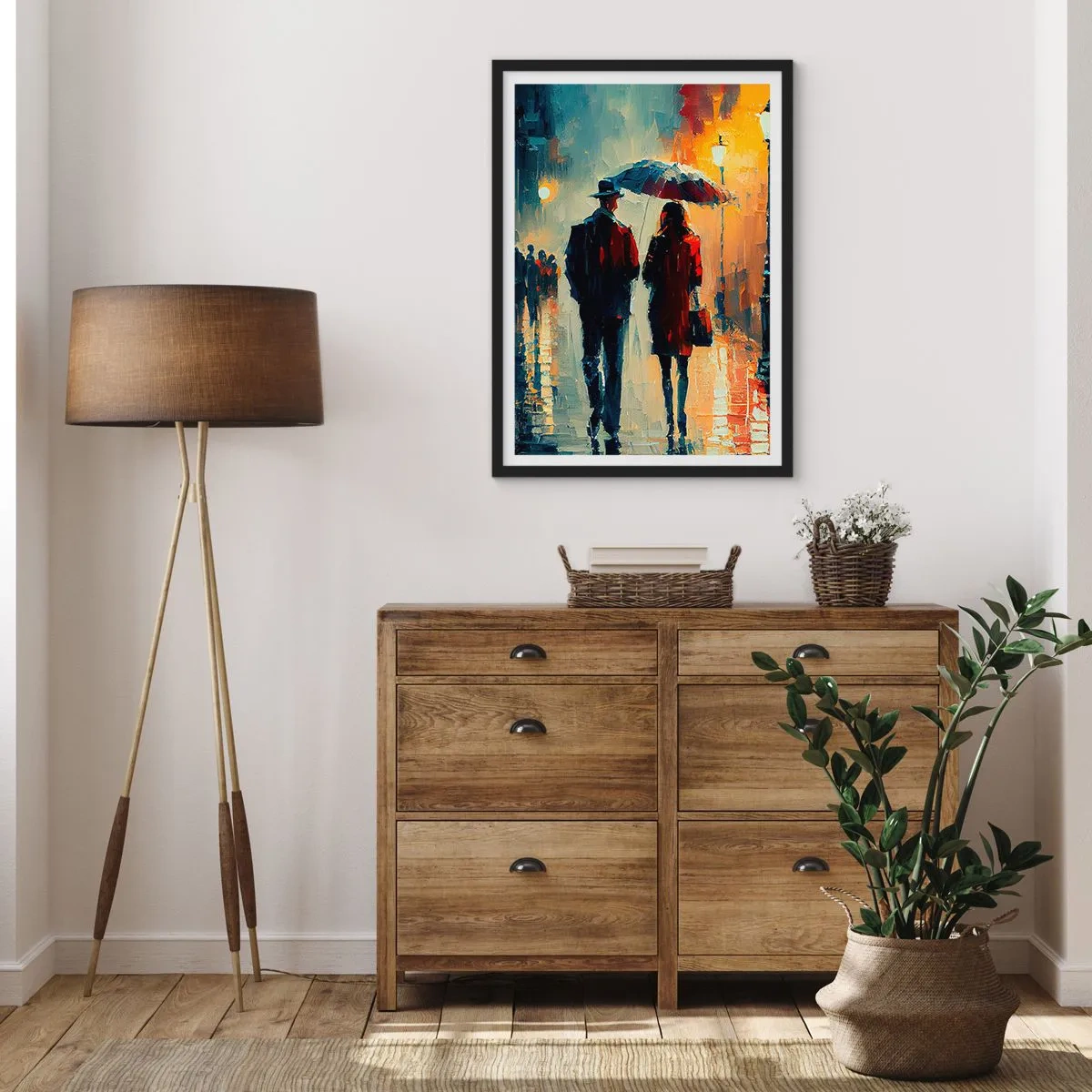 Plagát v čiernom ráme - Romantický pár pod slnečníkom v daždi - 50x70cm - Mestská love story - Moderná nástenná dekorácia do obývacej izby a spálne ARTTOR