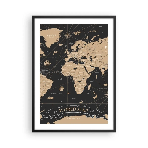 Plagát v čiernom ráme - Štylizovaná mapa sveta vo vintage farbách - 50x70cm - Hranice môjho sveta - Moderná nástenná dekorácia do obývacej izby a spálne ARTTOR