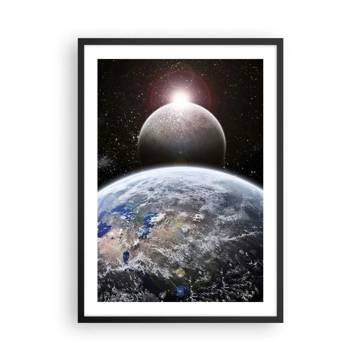 Plagát v čiernom ráme - Planéty Zem a Mesiac vo vesmíre - 50x70cm - Vesmírna krajina - východ slnka - Moderná nástenná dekorácia do obývacej izby a spálne ARTTOR