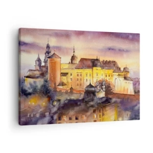 Obraz na plátne - Malebná akvarelová maľba hradu pri západe slnka - 70x50cm - Dejiny a rozprávka - Moderná nástenná dekorácia do obývacej izby a spálne ARTTOR