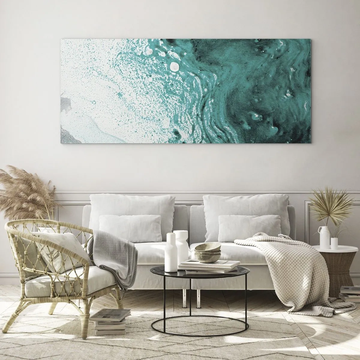 Obraz na skle - Prepadnúť sa v bielej a tyrkysovej - 160x50 cm