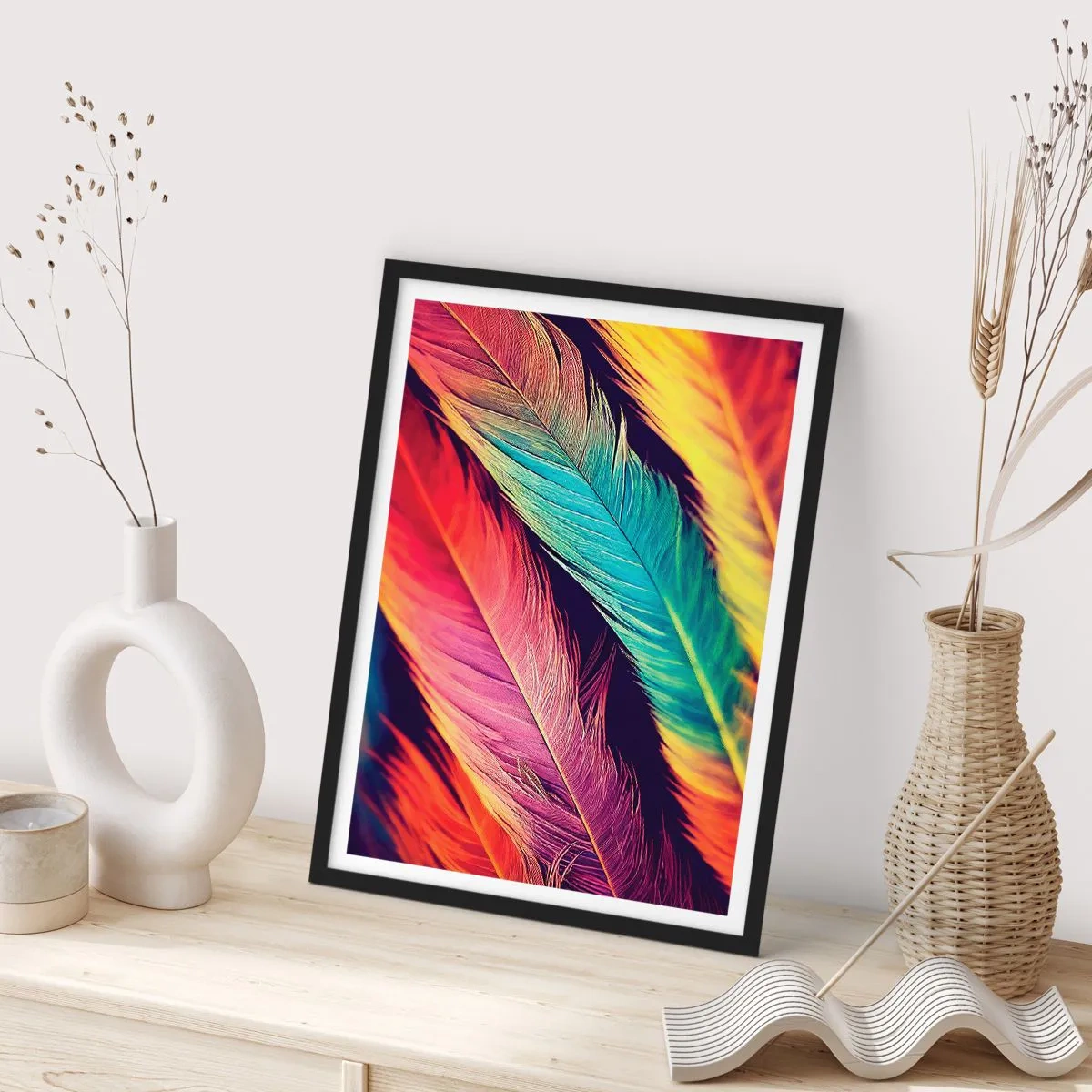 Plagát v čiernom ráme - Farebné perie v žiarivých odtieňoch na tmavom pozadí - 50x70cm - Operená dúha - Moderná nástenná dekorácia do obývacej izby a spálne ARTTOR