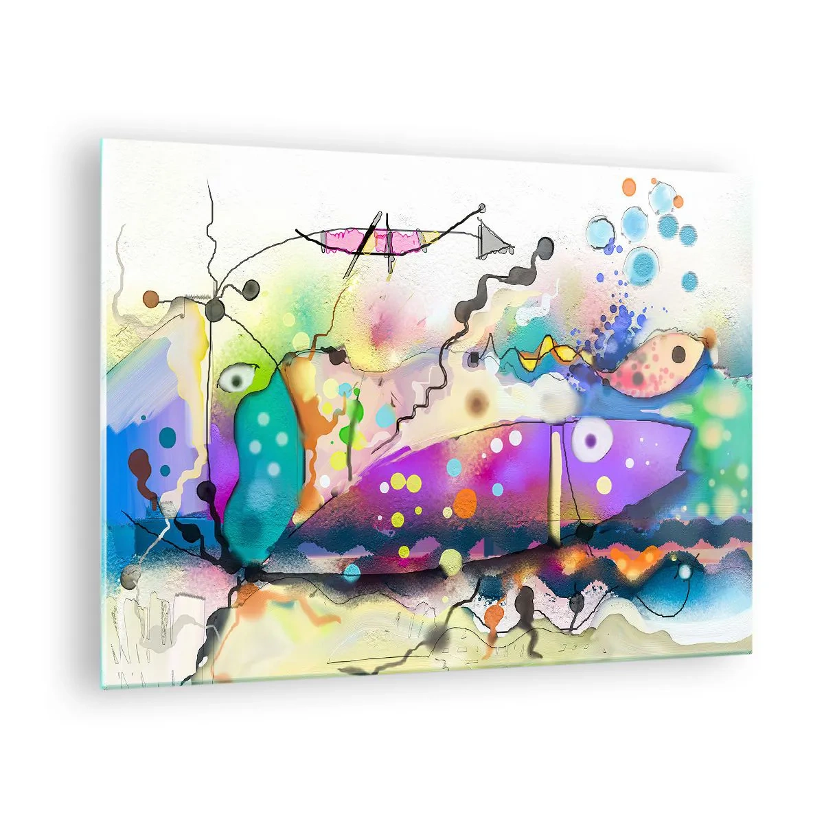Obraz na skle - Abstraktná kompozícia s farebnými tvarmi a čiarami - 70x50cm - Niet slov! - Moderná nástenná dekorácia do obývacej izby a spálne ARTTOR