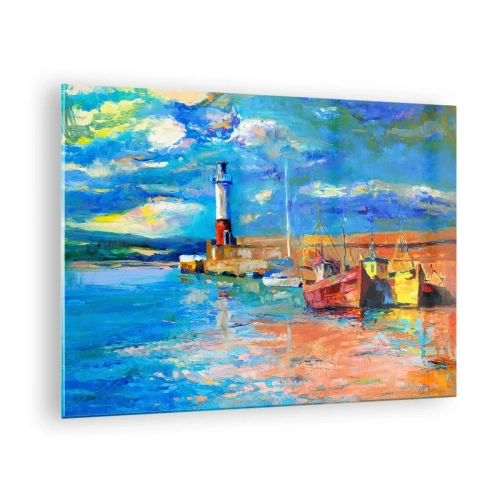 Obraz na skle - Rainbow Bay s majákom a farebnými loďkami v prístave - 70x50cm - Popoludní v dúhovom zálive - Moderná nástenná dekorácia do obývacej izby a spálne ARTTOR