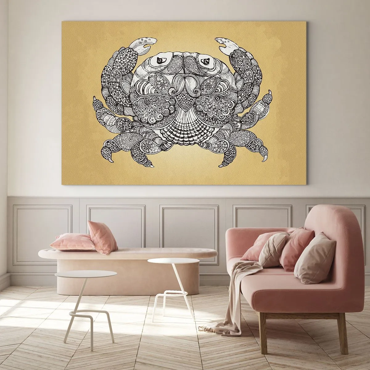 Obraz na skle - Štylizovaná kresba kraba s ornamentami na žltom pozadí - 70x50cm - Príbehy pána Kraba - Moderná nástenná dekorácia do obývacej izby a spálne ARTTOR