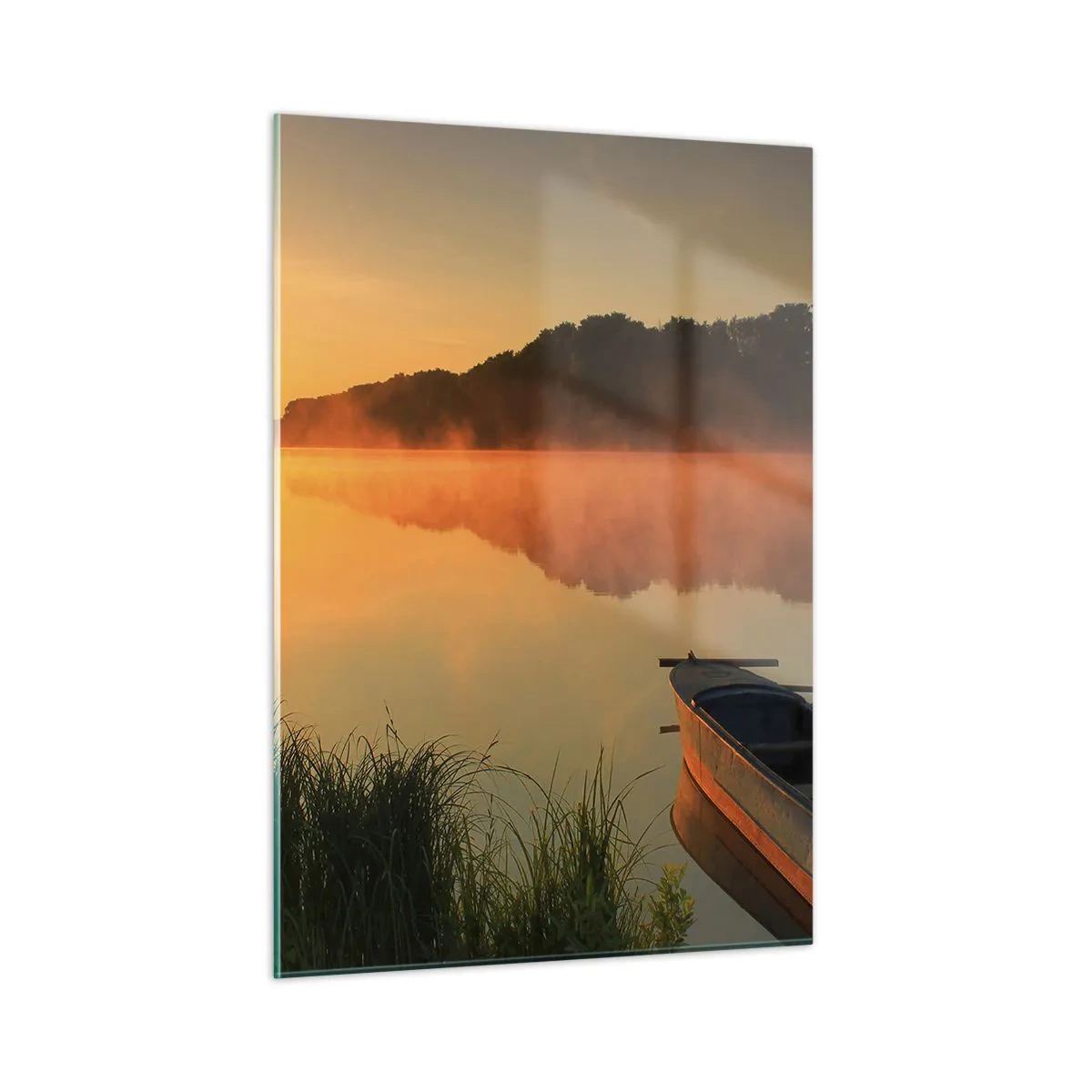 Obraz na skle - Východ slnka pri vode ako povrch zrkadla - 50x70 cm