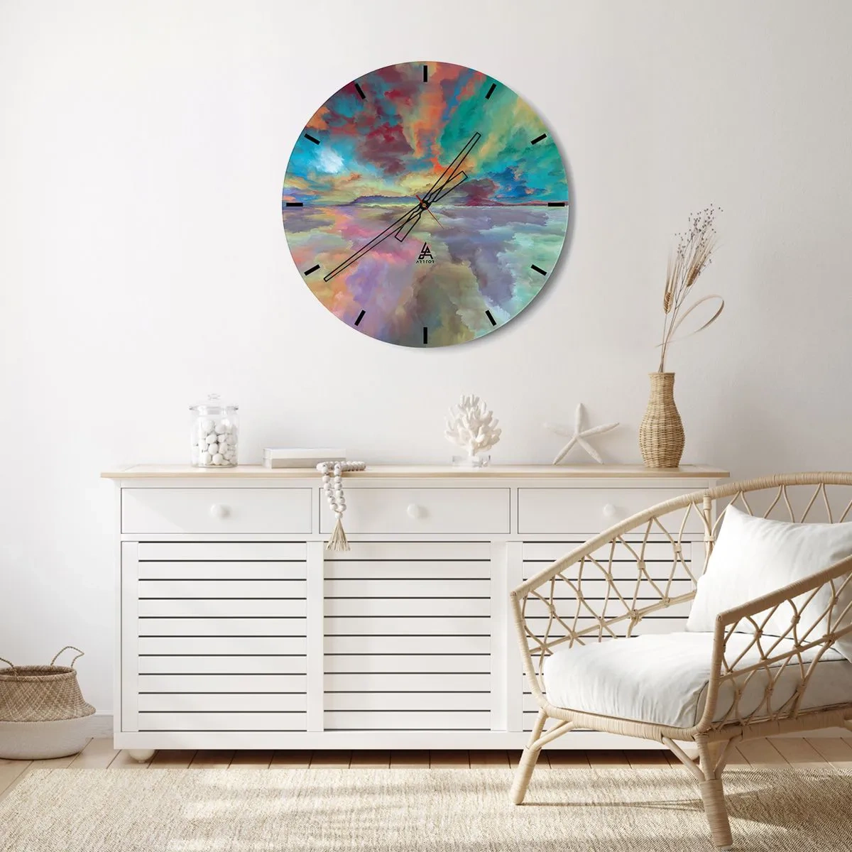 Nástenné hodiny - Farebná obloha plná abstraktných oblakov nad pokojným horizontom - 30x30cm - Dve neba - Moderná nástenná dekorácia do obývacej izby, kuchyne a spálne ARTTOR