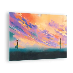 Obraz na skle - Dvaja ľudia na pozadí farebnej oblohy pri západe slnka - 70x50cm - Sila príťažlivosti - Moderná nástenná dekorácia do obývacej izby a spálne ARTTOR