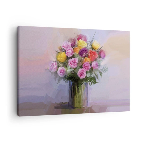 Obraz na plátne - Kytica farebných ruží v sklenenej váze - 70x50cm - Zachytená krása - Moderná nástenná dekorácia do obývacej izby a spálne ARTTOR