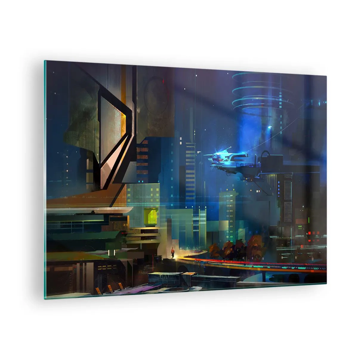 Obraz na skle - Futuristické mesto v noci s neónovými svetlami a lietajúcim vozidlom - 70x50cm - V blízkej budúcnosti - Moderná nástenná dekorácia do obývacej izby a spálne ARTTOR