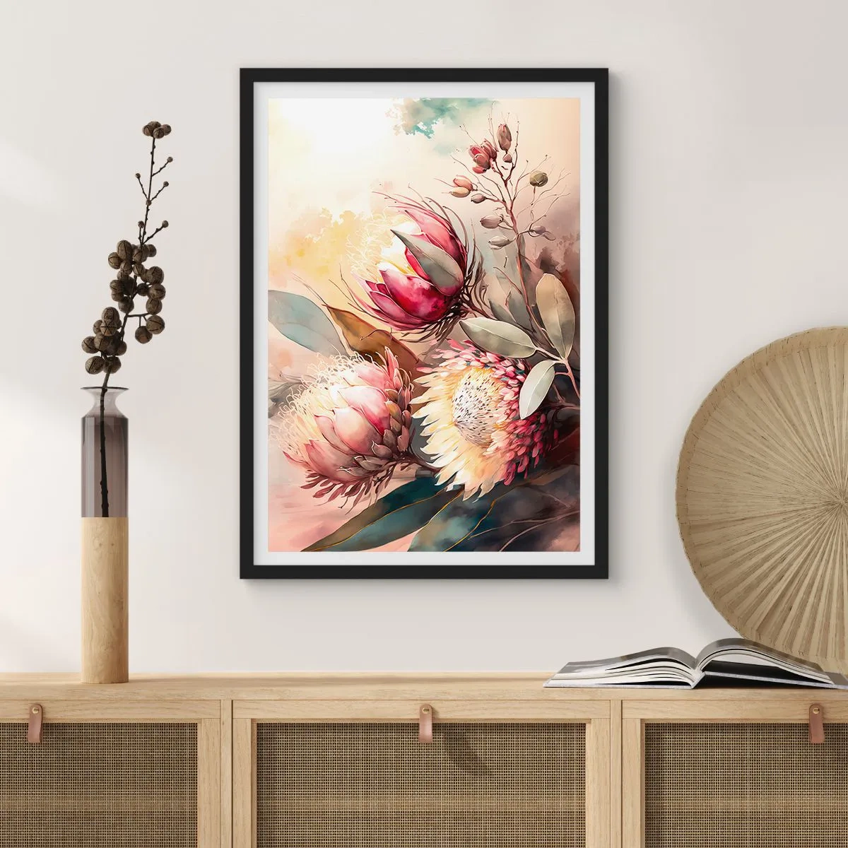Plagát v čiernom ráme - Kytica proteových kvetov v jemných farbách - 50x70cm - Z profilu a en face - Moderná nástenná dekorácia do obývacej izby a spálne ARTTOR