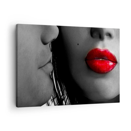 Obraz na plátne - Detailný záber na tváre ženy a muža s červenými perami. - 70x50cm - Tvár pri tvári  - Moderná nástenná dekorácia do obývacej izby a spálne ARTTOR