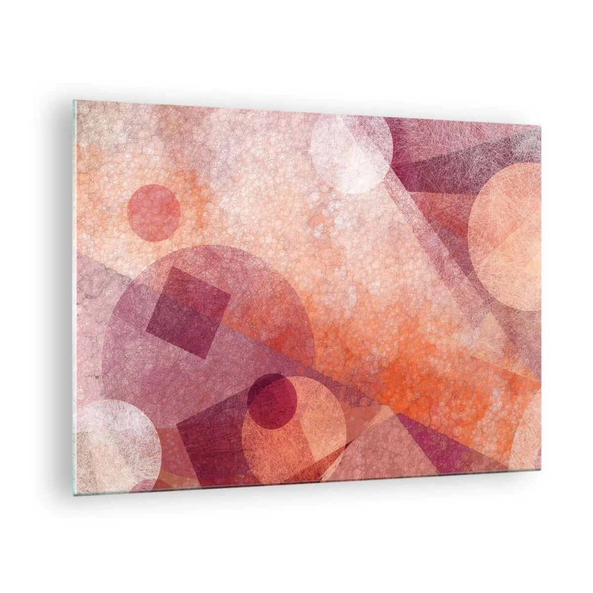 Obraz na skle - Abstraktná geometrická kompozícia v odtieňoch ružovej a oranžovej - 70x50cm - Geometrické premeny na ružové - Moderná nástenná dekorácia do obývacej izby a spálne ARTTOR