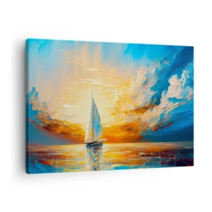 Obraz na plátne - Plachetnica na pozadí zapadajúceho slnka a farebných oblakov - 70x50cm - Plavba v zlate - Moderná nástenná dekorácia do obývacej izby a spálne ARTTOR