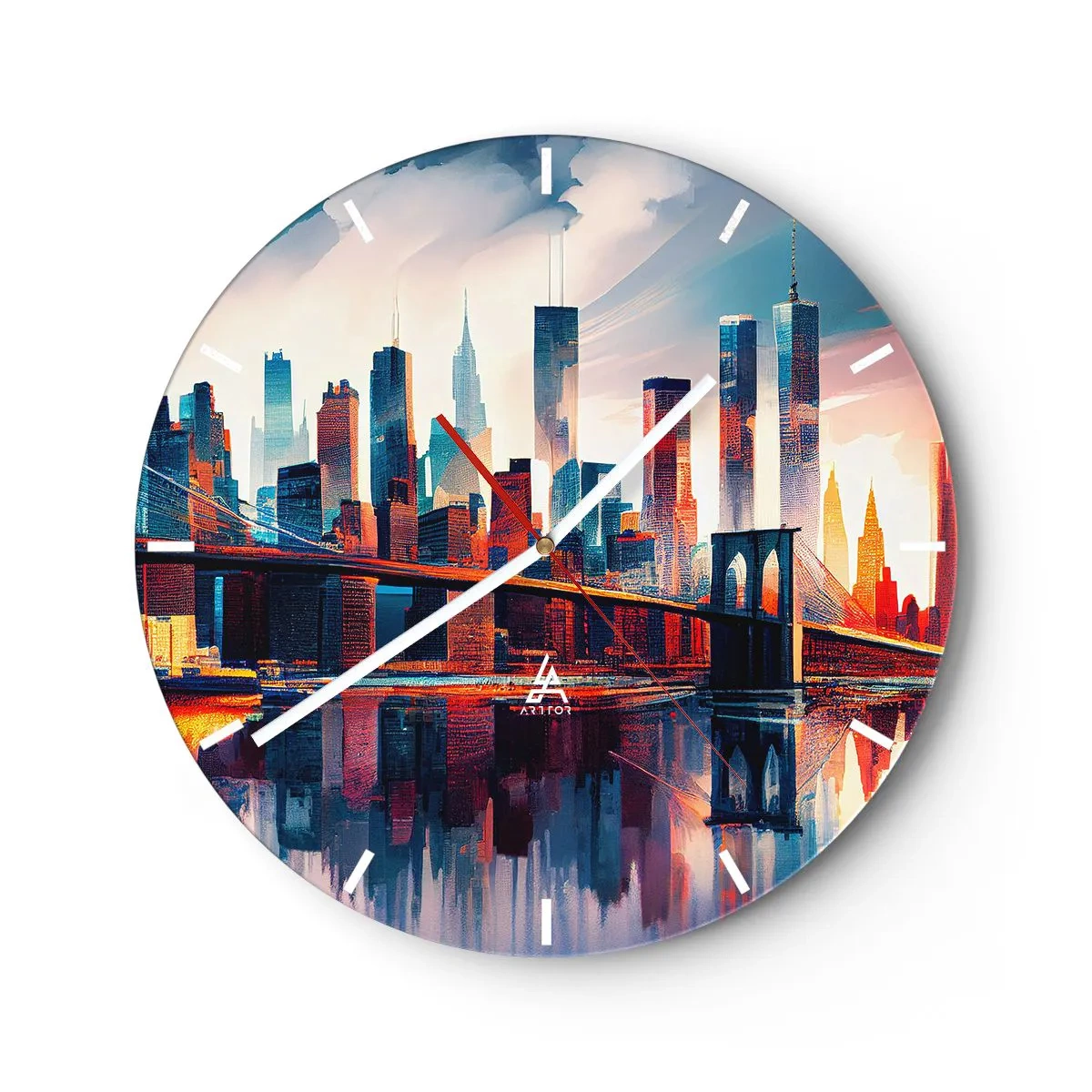 Nástenné hodiny - Panoráma New Yorku s mostom a odrazom vo vode pri západe slnka - 30x30cm - Famózny New York - Moderná nástenná dekorácia do obývacej izby, kuchyne a spálne ARTTOR