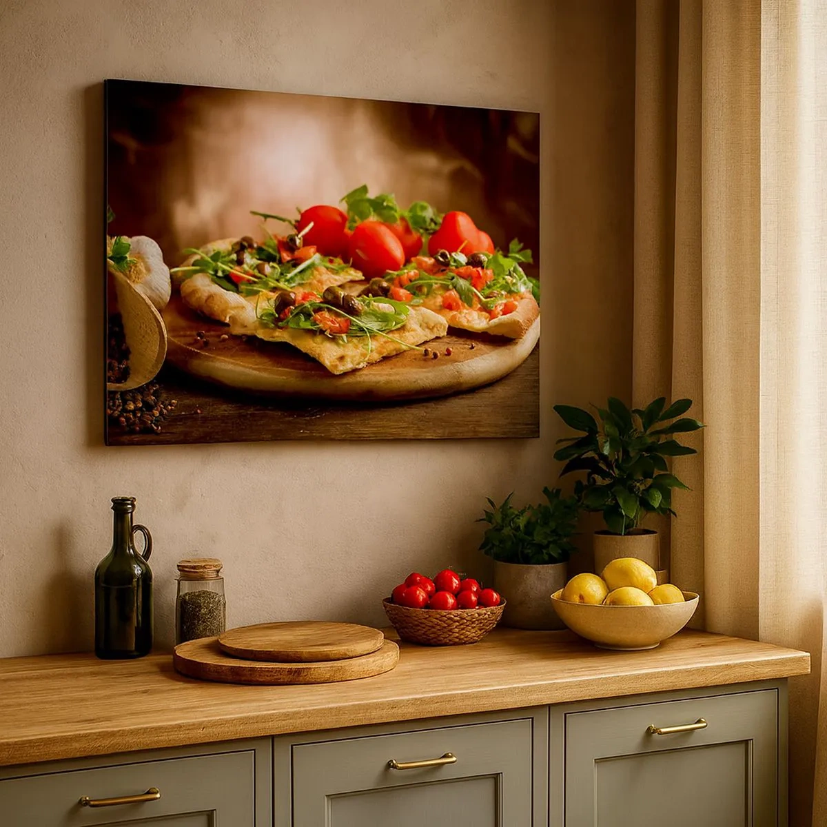 Obraz na plátne - Pizza so zeleninou na drevenej doske v rustikálnom štýle - 70x50cm - Priamo z pece a zo záhrady - Moderná nástenná dekorácia do obývacej izby a spálne ARTTOR