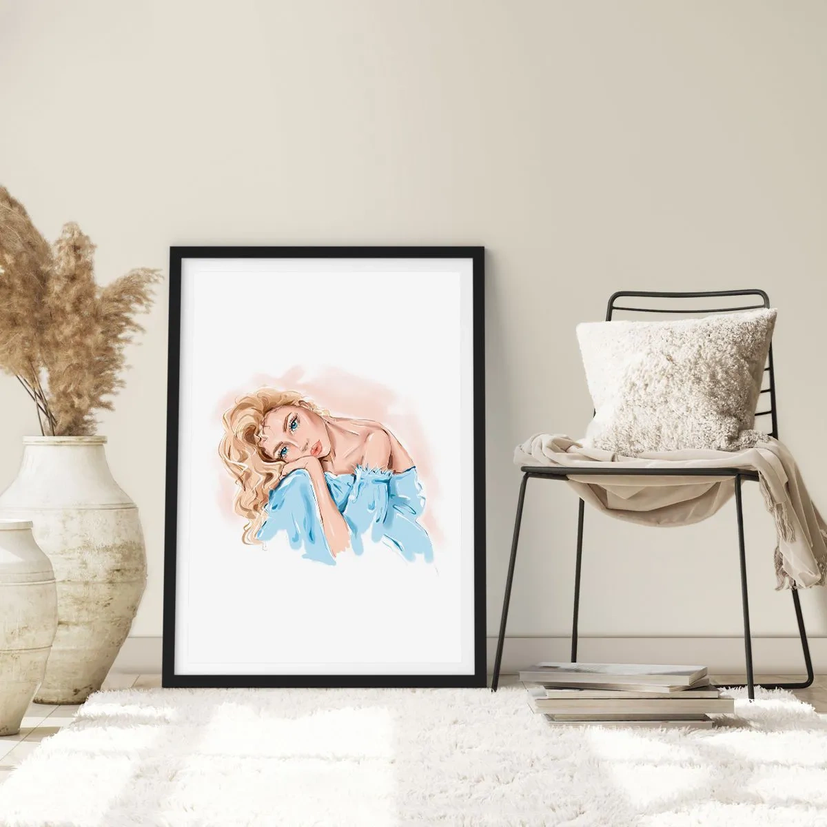 Plagát v čiernom ráme - Jemný portrét ženy v jemných farbách - 50x70cm - Zasnená v modrej - Moderná nástenná dekorácia do obývacej izby a spálne ARTTOR