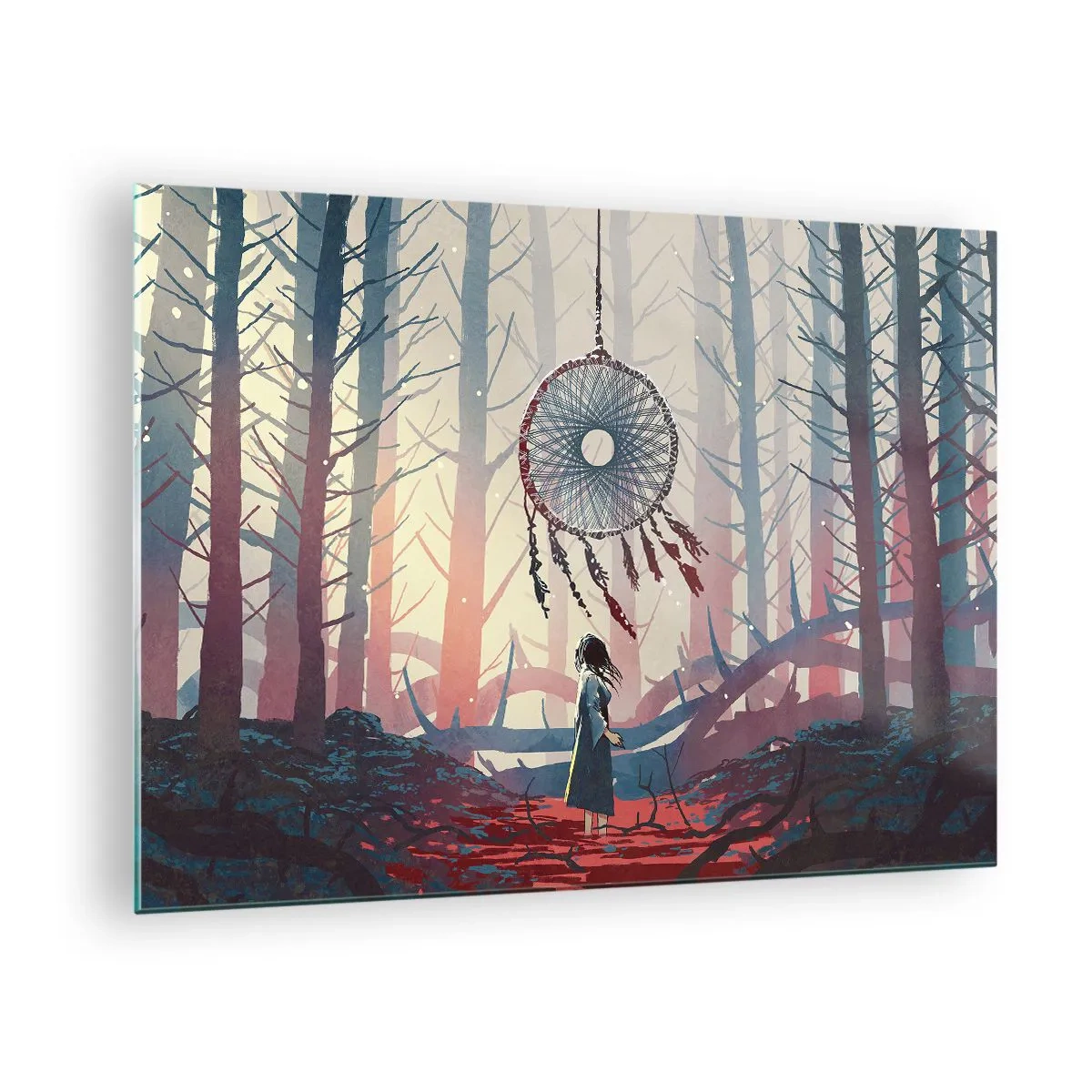 Obraz na skle - Postava v lese sa pozerá na veľký lapač snov vznášajúci sa vo vzduchu. - 70x50cm - Tajný rituál šťastia - Moderná nástenná dekorácia do obývacej izby a spálne ARTTOR