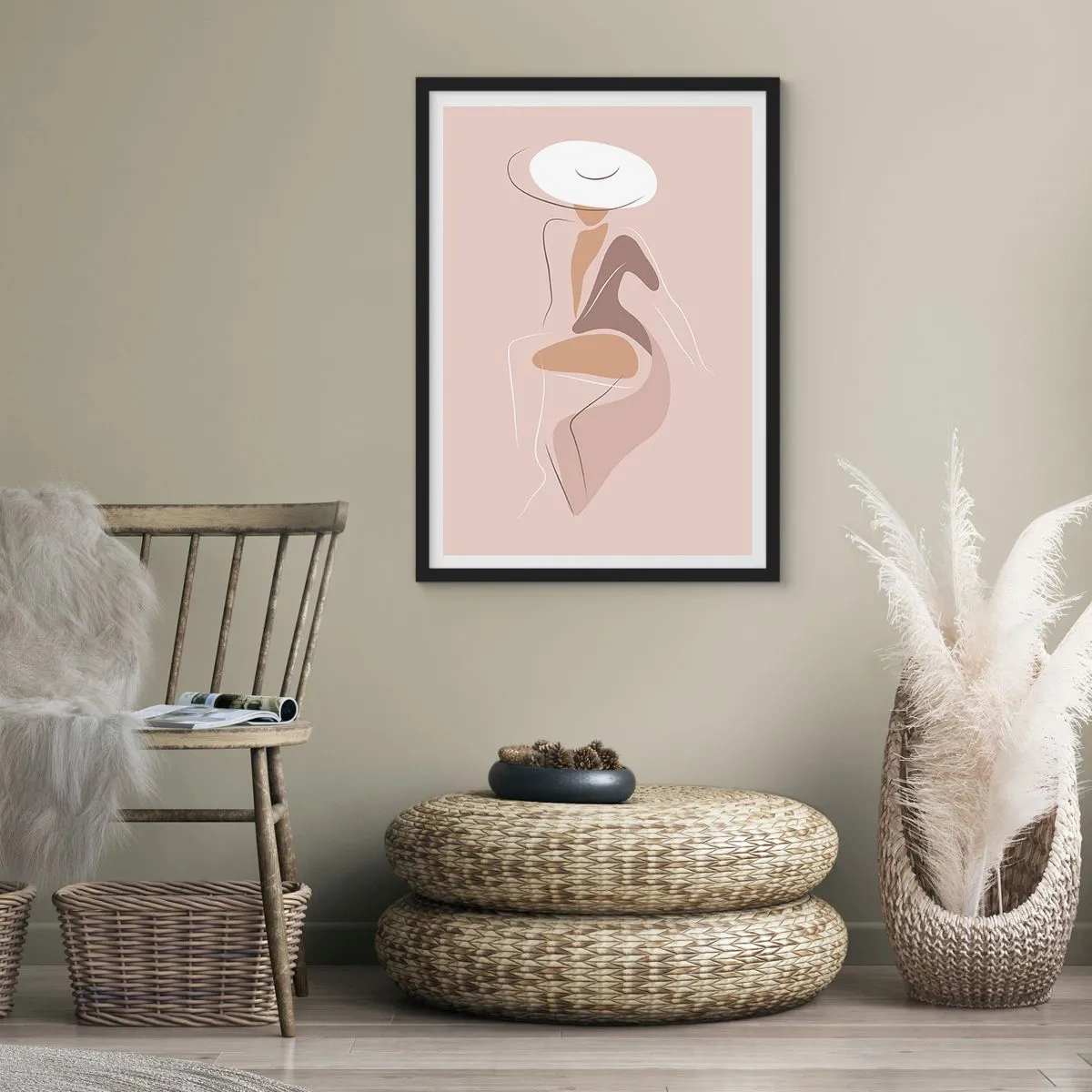 Plagát v čiernom ráme - Minimalistický obrázok ženy v klobúku na béžovom pozadí. - 50x70cm - Ako vyzerá pravá dáma? - Moderná nástenná dekorácia do obývacej izby a spálne ARTTOR
