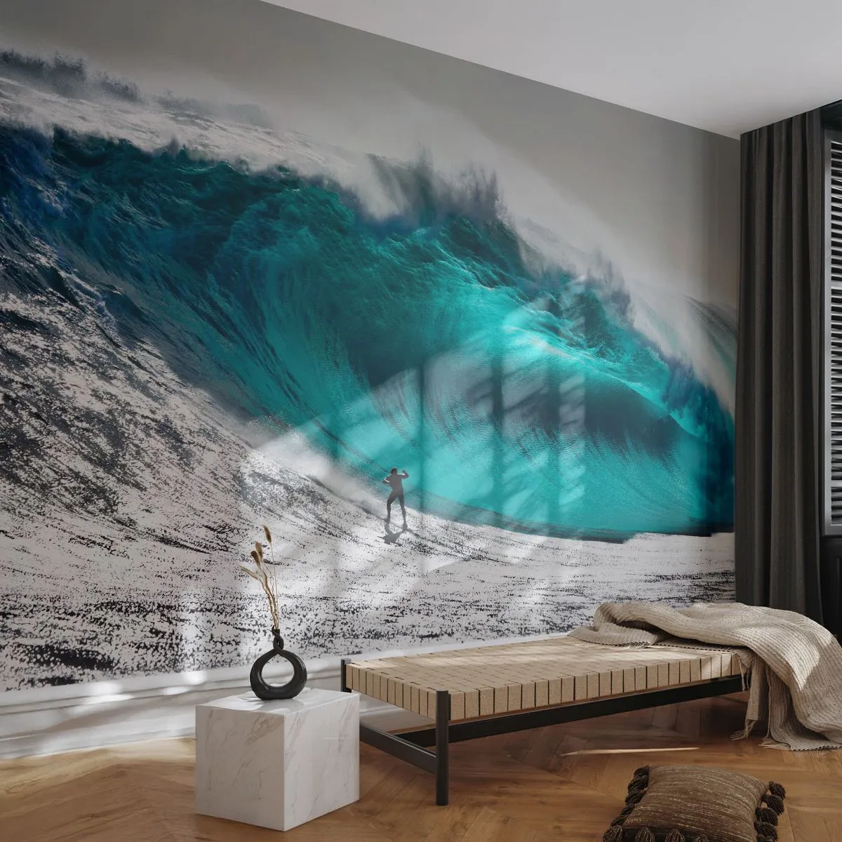 Fototapeta Premium Sand - Výzva prijatá - Surfovanie, Vysoká vlna, Surfer - 100x70 cm