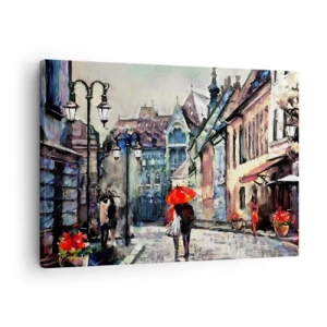 Obraz na plátne - Pôvabná mestská ulica s párom pod červeným dáždnikom - 70x50cm - Dážď pre dvoch - Moderná nástenná dekorácia do obývacej izby a spálne ARTTOR