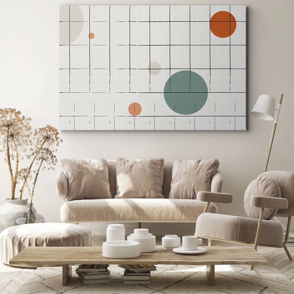 Obraz na plátne - Abstraktné farebné kruhy na geometrickom mriežkovom pozadí - 70x50cm - Uväznené. My alebo ony? - Moderná nástenná dekorácia do obývacej izby a spálne ARTTOR