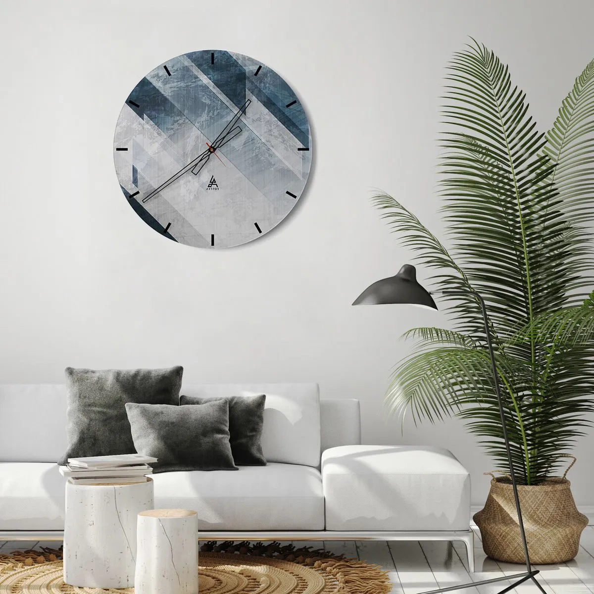 Nástenné hodiny - Geometrické pruhy v odtieňoch sivej a tmavomodrej vytvárajú hĺbku - 30x30cm - Priestorová kompozícia – pohyb šedej - Moderná nástenná dekorácia do obývacej izby, kuchyne a spálne ARTTOR