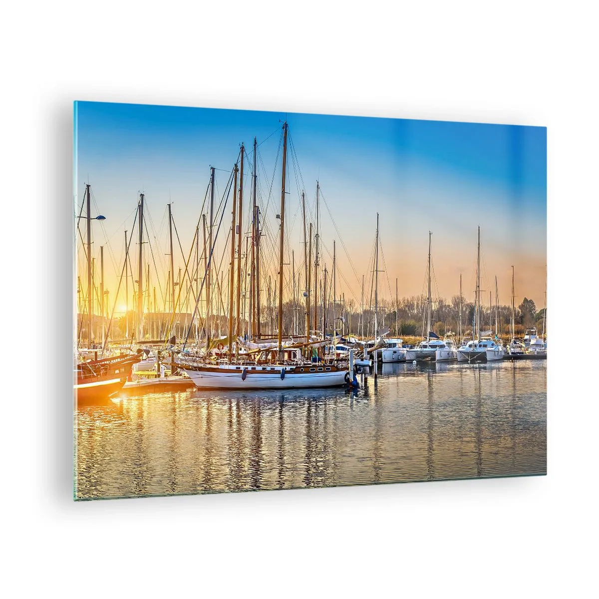 Obraz na skle - Prístav plný plachetníc vo svetle zapadajúceho slnka - 70x50cm - Vietor tiež musí spať - Moderná nástenná dekorácia do obývacej izby a spálne ARTTOR