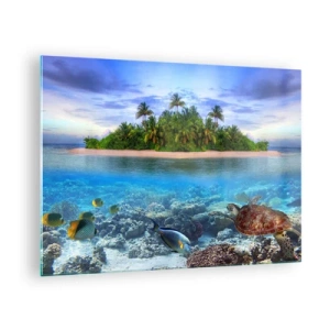 Obraz na skle - Tropický ostrov s koralovým útesom a morským životom - 70x50cm - Nebeský ostrov pozýva - Moderná nástenná dekorácia do obývacej izby a spálne ARTTOR