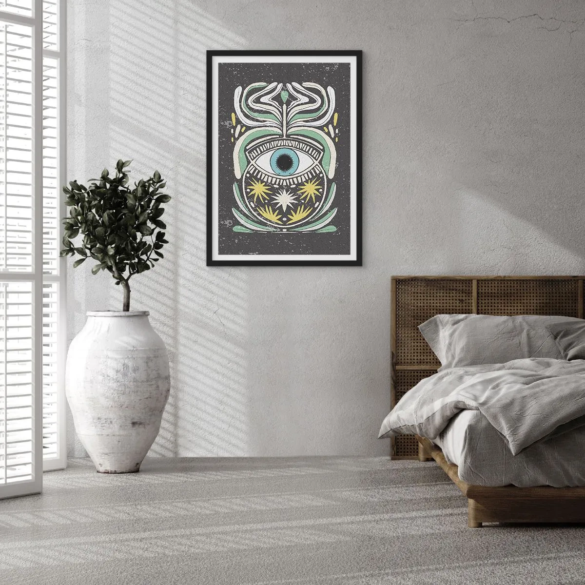 Plagát v čiernom ráme - Symbolické oko obklopené rastlinnými vzormi na tmavom pozadí. - 50x70cm - Kmeňové rituály - Moderná nástenná dekorácia do obývacej izby a spálne ARTTOR