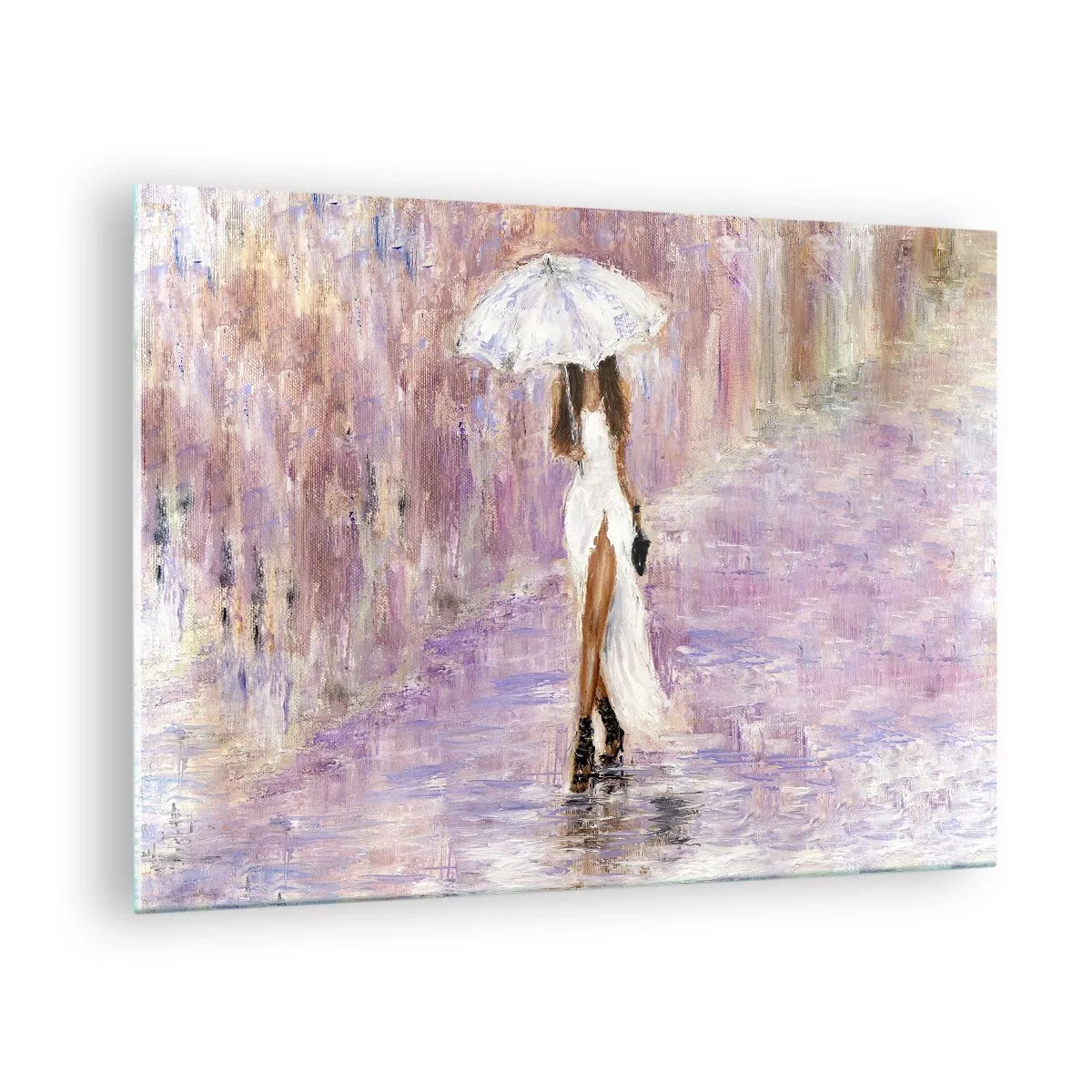 Obraz na skle - Postava ženy s dáždnikom v scéne s orgovánovým dažďom - 70x50cm - V ľaliovom daždi - Moderná nástenná dekorácia do obývacej izby a spálne ARTTOR